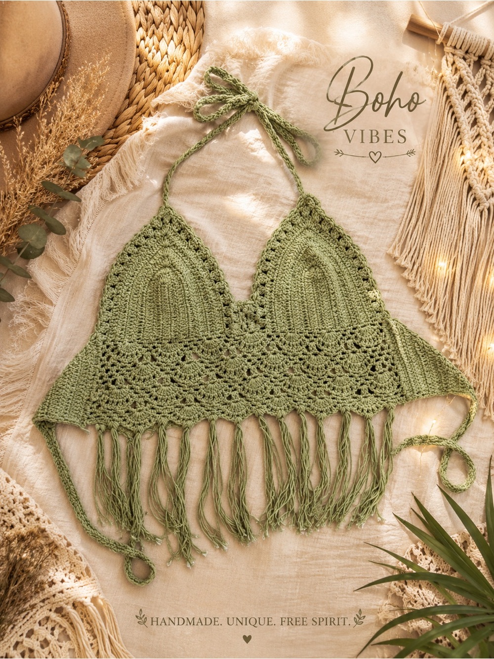 Handmade Crochet Fringe Halter Top - Sage Green Vintage Boho (d1)